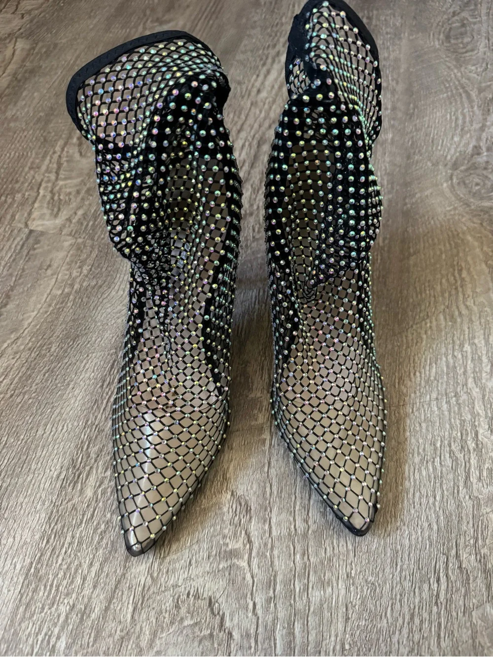 Public Desire Black Crystal Fishnet Mesh Pointed Toe Sock Booties UK 4 US 6